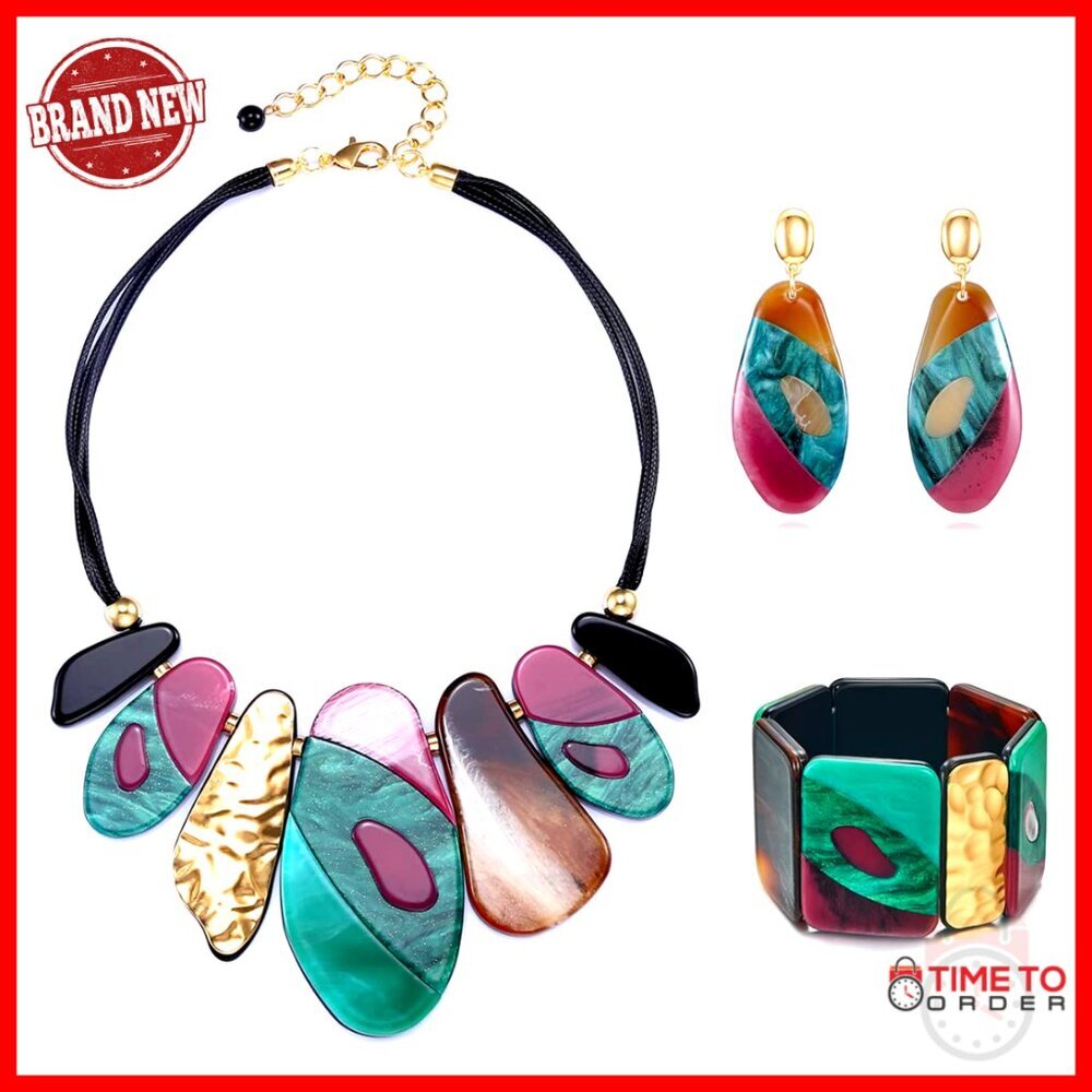 Statement Acrylic Jewelry Set with Bib Necklace Bracelet Earrings